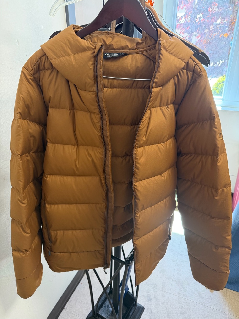 Outdoor Research Men's Caramel Brown Hooded Puffer Jacket